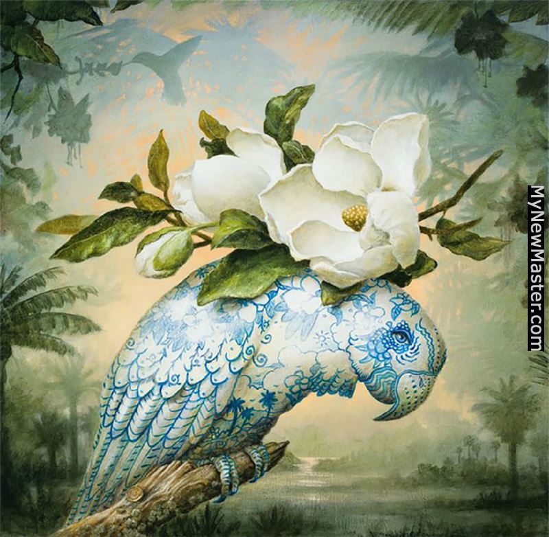 Blue And White Bird with Flower